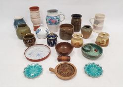 Peggy Ibbetson studio pottery pitcher with floral decoration on white ground 20cm, a pair of