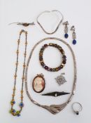 Silver-mounted carved shell cameo oval portrait brooch, silver wavy faceted bangle, pair silver