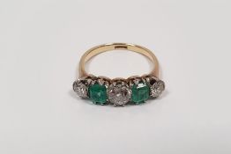Gold, emerald and diamond five-stone ring set three claw-set diamonds and two rectangular