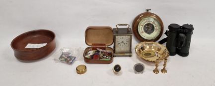 Wooden cased circular barometer, a 1970's carriage clock by Biggs of Farnham, a pair of Hawke