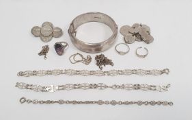 Silver and bluejohn ring set single oval slightly cabochon stone, coin bracelet, coin brooch