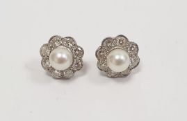 Pair white metal, pearl and diamond cluster earrings