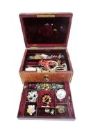 Jewellery box and contents of assorted costume jewellery to include brooches, necklaces, etc