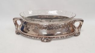 Continental glass bowl with plated twin handled base of oval form, with inscription 