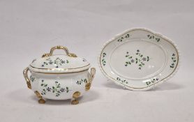 Early 19th century Bloor Derby sauce tureen, cover and stand decorated with cornflower sprays, the