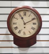 Small mahogany cased drop dial wall clock with painted circular dial and Roman numerals, single