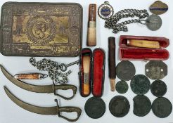 WWI Christmas tin, four vintage cheroot holders, a small collection of old coins, etc
