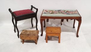 Piano stool with lift-top seat, two pine stools and one further stool on mahogany-framed cabriole