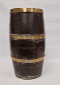 Coopered and brass bound oak barrel shaped stick stand with painted coat of arms 61cm, together with