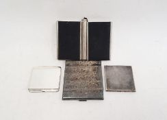1930's white metal and grosgrain compact with two compartments and lipstick holder, silver-