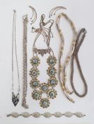 Silver chain necklace with circular links, contemporary silver and yellow metal bead necklace, a