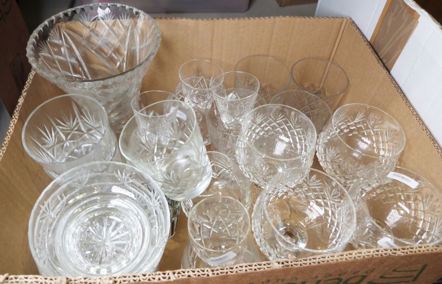 Set of four cut glass hock glasses, a glass decanter and assorted cut glassware to include vases, - Image 2 of 3
