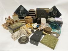 Vintage stoneware hot water bottle, a pair of hardwood bookends carved as elephants, a vintage