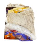 Quantity of embroidered, crocheted, damask and other household linen, wedding headdress and other
