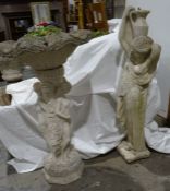 Composite stone birdbath/fountain with pedestal base decorated with the Three Graces, 82cm high