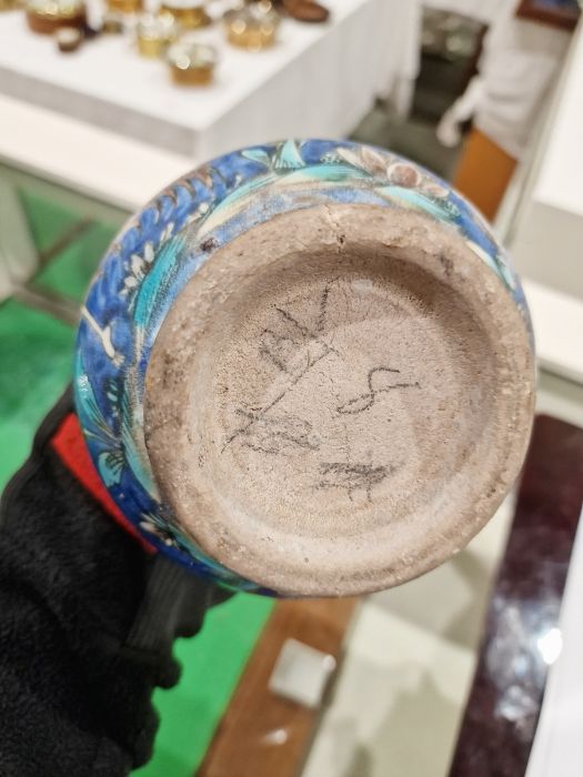 Two 19th century Persian Kajar Dynasty pottery vases, the first bottle-shaped painted with birds - Image 13 of 26