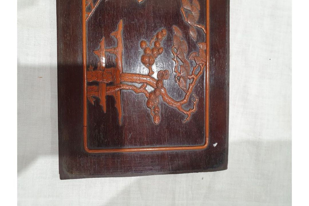 Set of three lacquered carved wood panels of figures and musicians in lakeside gardens, others - Image 20 of 26