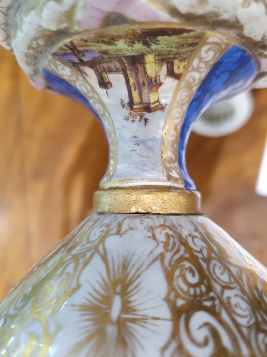 Pair antique Dresden covered pot-pourri vases, each with wreath ribbon ring handle to the - Image 31 of 36