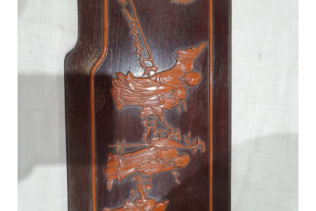 Set of three lacquered carved wood panels of figures and musicians in lakeside gardens, others - Image 17 of 26