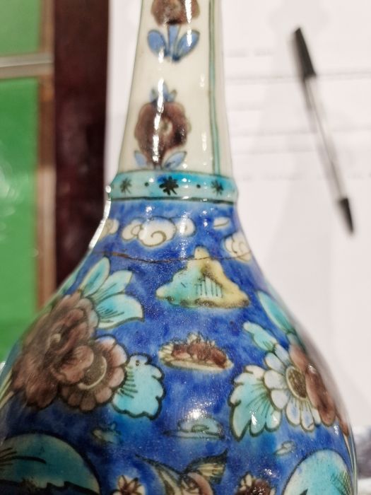 Two 19th century Persian Kajar Dynasty pottery vases, the first bottle-shaped painted with birds - Image 8 of 26