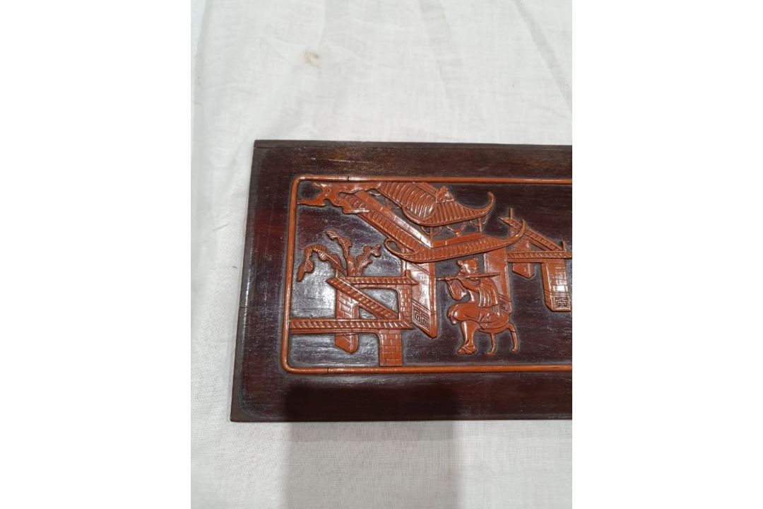 Set of three lacquered carved wood panels of figures and musicians in lakeside gardens, others - Image 2 of 26