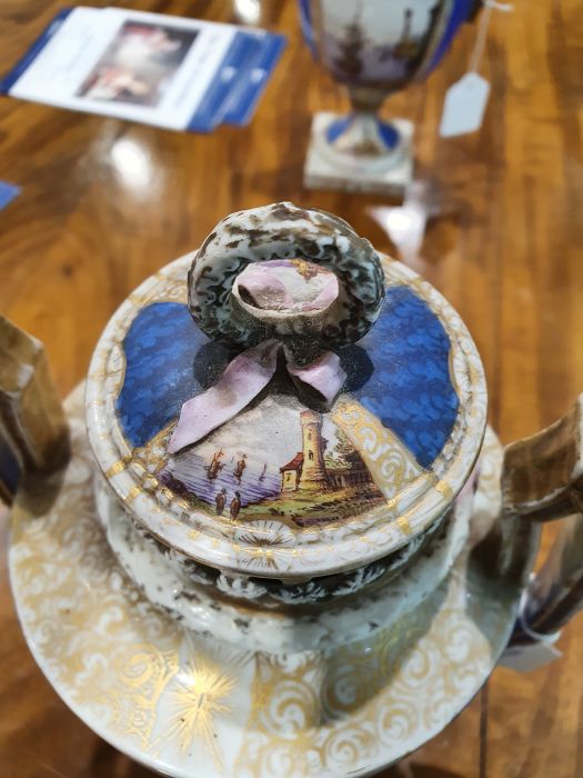 Pair antique Dresden covered pot-pourri vases, each with wreath ribbon ring handle to the - Image 8 of 36