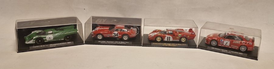 Four cased Fly Car Model slot cars to include 365 GTB/4 "Daytona" 24h. Le Mans 1972, Ferrari 512 S