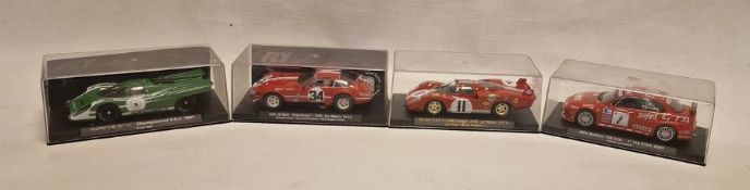Four cased Fly Car Model slot cars to include 365 GTB/4 