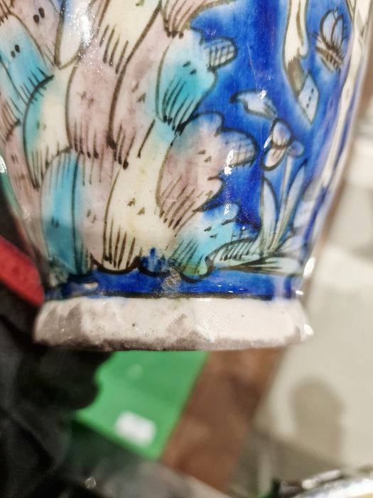 Two 19th century Persian Kajar Dynasty pottery vases, the first bottle-shaped painted with birds - Image 24 of 26