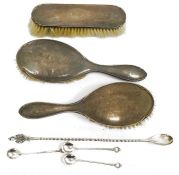 Foreign silver-coloured metal long spoon with twisted handle, 800 mark, three similar and three