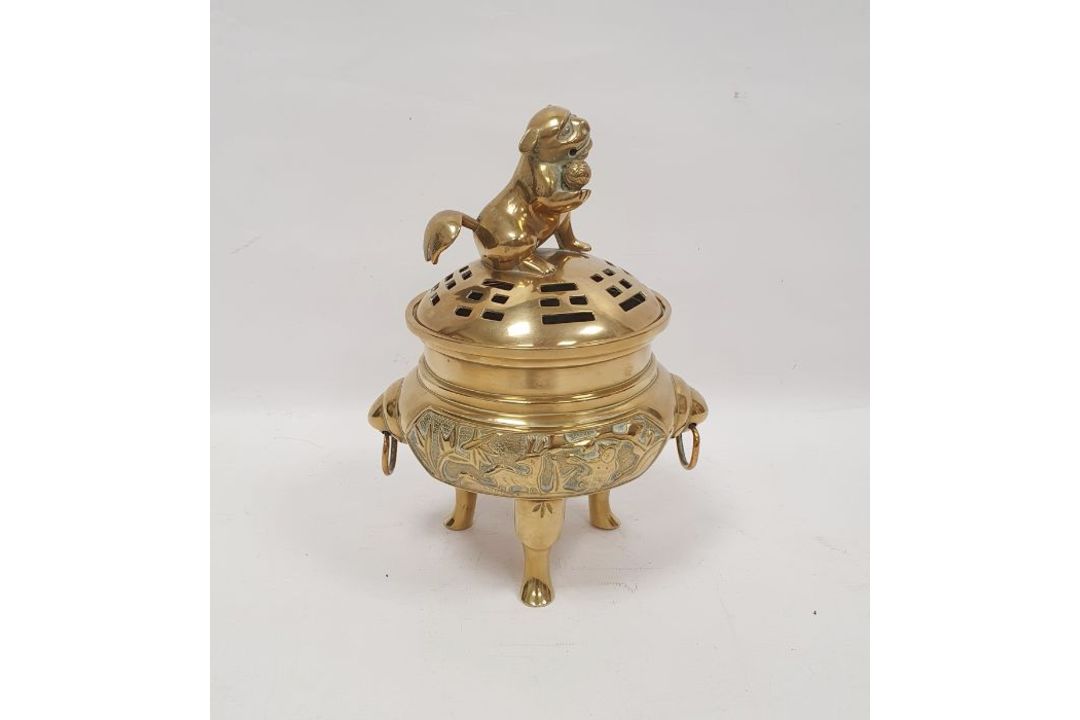 20th century Chinese gilt bronze footed censer and pierced cover, with four character mark to - Image 3 of 6