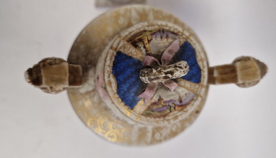 Pair antique Dresden covered pot-pourri vases, each with wreath ribbon ring handle to the - Image 4 of 36