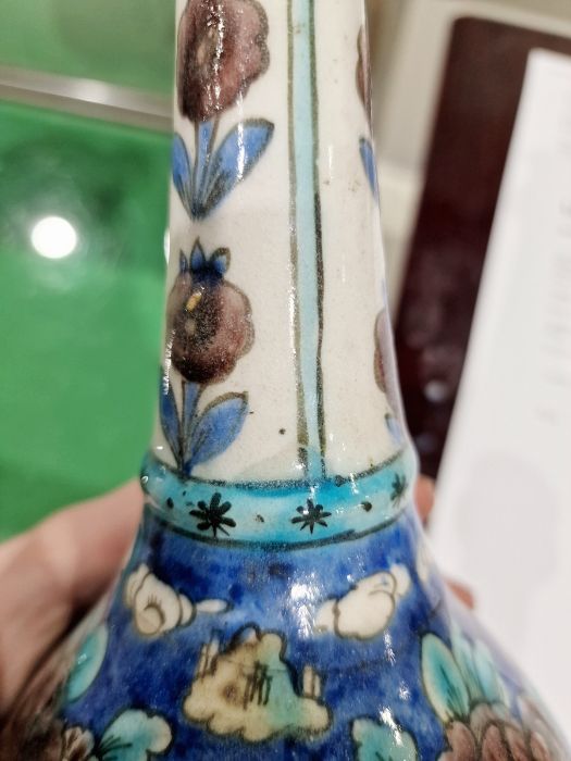 Two 19th century Persian Kajar Dynasty pottery vases, the first bottle-shaped painted with birds - Image 15 of 26