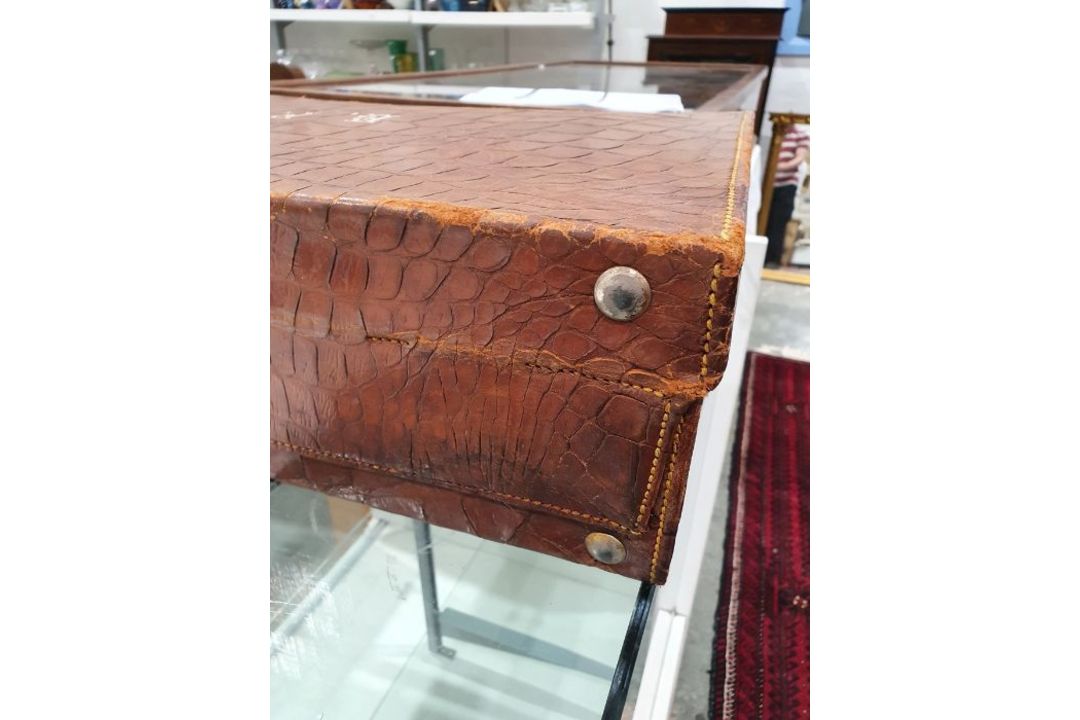A crocodile skin suitcase, early to mid 20th century, gilt lettering stamped for John Bagshaw & - Image 15 of 36