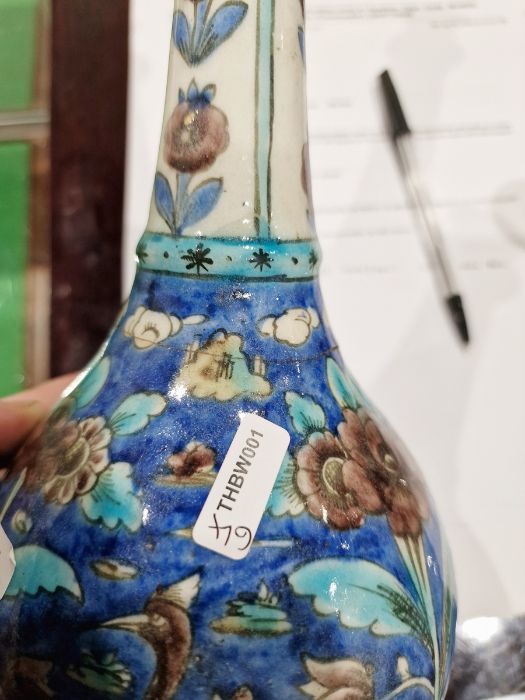 Two 19th century Persian Kajar Dynasty pottery vases, the first bottle-shaped painted with birds - Image 7 of 26