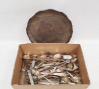 EPNS hammered shallow dish, circular with shaped rim and a large quantity of table flatware (1 box)