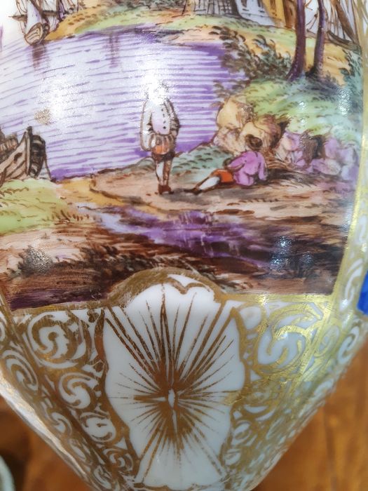 Pair antique Dresden covered pot-pourri vases, each with wreath ribbon ring handle to the - Image 19 of 36