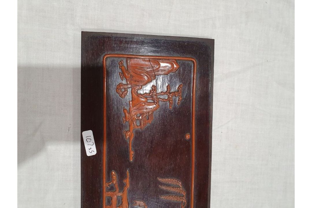 Set of three lacquered carved wood panels of figures and musicians in lakeside gardens, others - Image 15 of 26