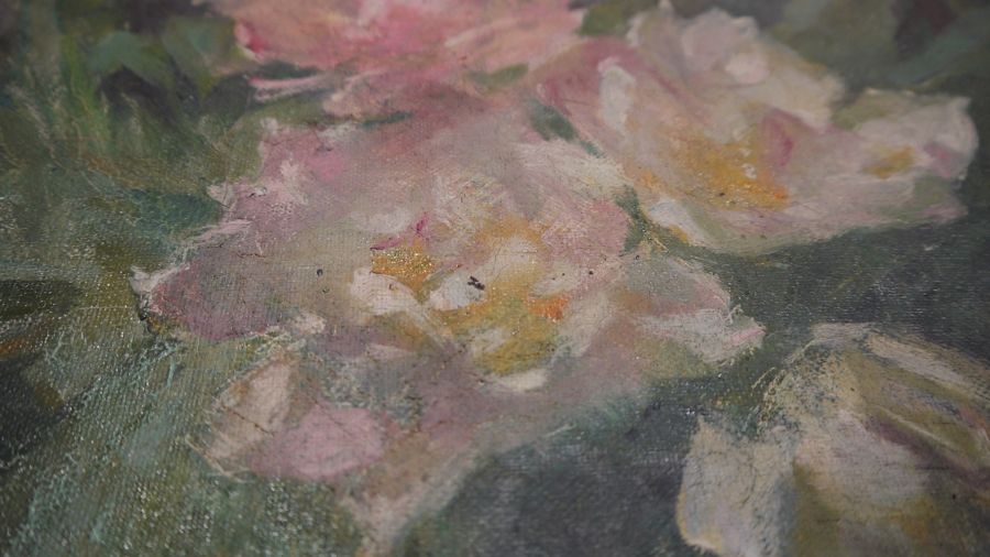 20th century school  Oil on canvas Still life study of roses and tulips, unsigned, 39cm x 49cm - Image 6 of 6