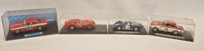 Four cased diecast model slot cars to Include Fly car models Alfa Romeo Giulia GTAm VI Premio Ciudad