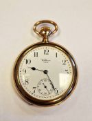Waltham gent's rolled gold pocket watch with white enamel dial, open-faced
