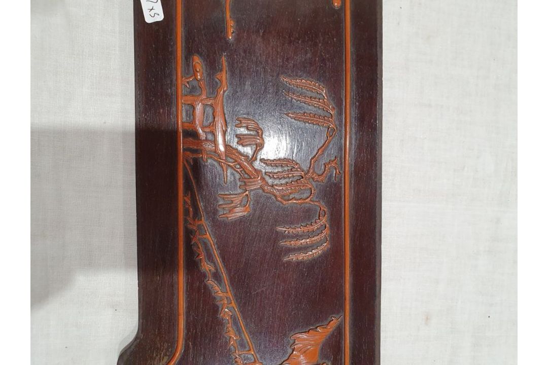 Set of three lacquered carved wood panels of figures and musicians in lakeside gardens, others - Image 16 of 26