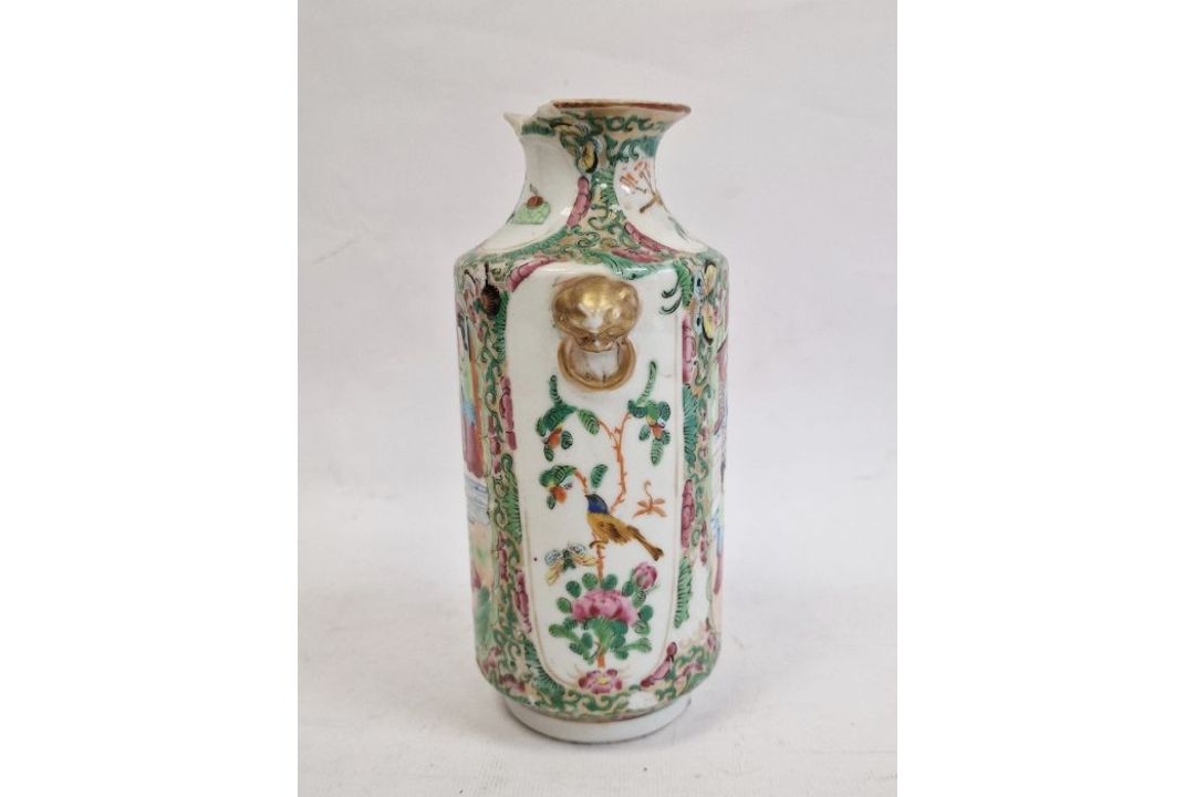 19th century famille rose Canton porcelain vase with figural decoration, ring mask handles, 19.5cm - Image 2 of 6