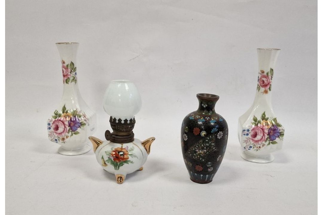 Japanese cloisonné enamel vase, ovoid, black ground with aventurine panels, 10.5cm high, pair - Image 1 of 4