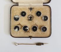 Set of 9ct white gold, jet and diamond shirt studs and matching pair cufflinks, all octagonal and