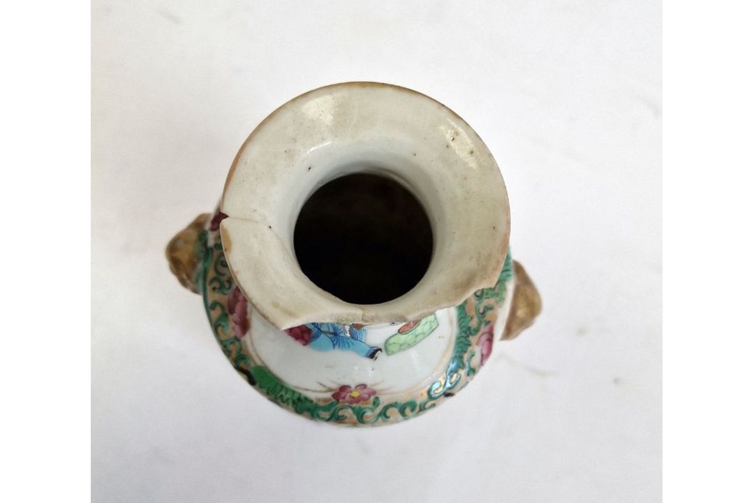 19th century famille rose Canton porcelain vase with figural decoration, ring mask handles, 19.5cm - Image 5 of 6