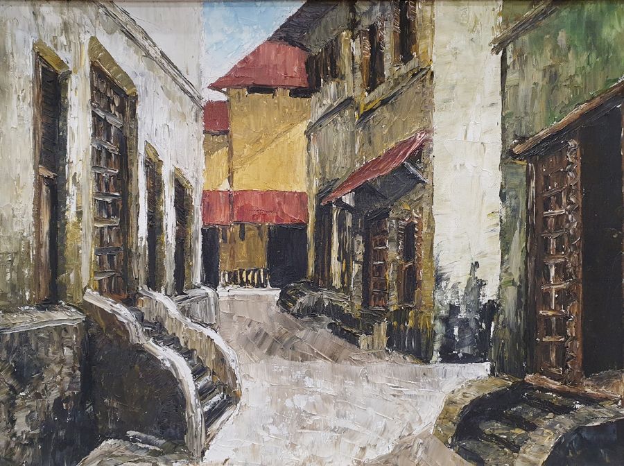 Unattributed Oil on board Village scene - Uganda(?), 52cm x 69cm, framed Colour print  African - Image 2 of 3