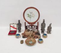 Eastern carved soapstone inkwell with monkey design, reproduction terracotta warriors, a small