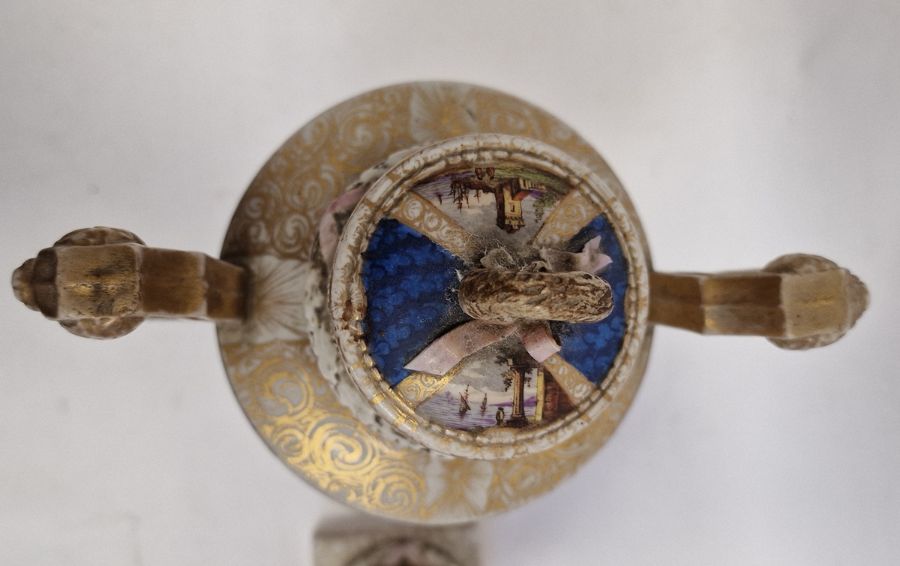 Pair antique Dresden covered pot-pourri vases, each with wreath ribbon ring handle to the - Image 5 of 36