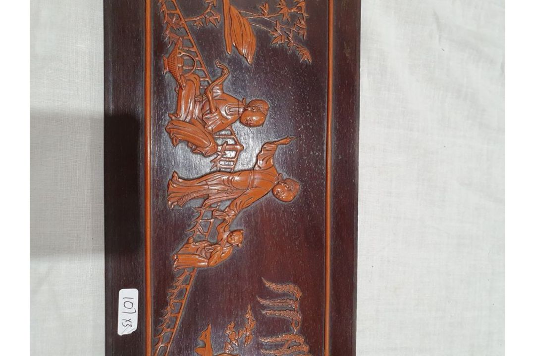 Set of three lacquered carved wood panels of figures and musicians in lakeside gardens, others - Image 9 of 26